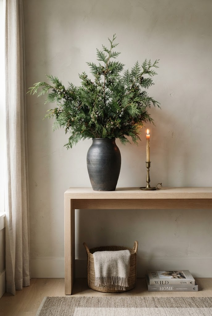 1. Minimalist Evergreen Branches in Heavy Ceramic Vases