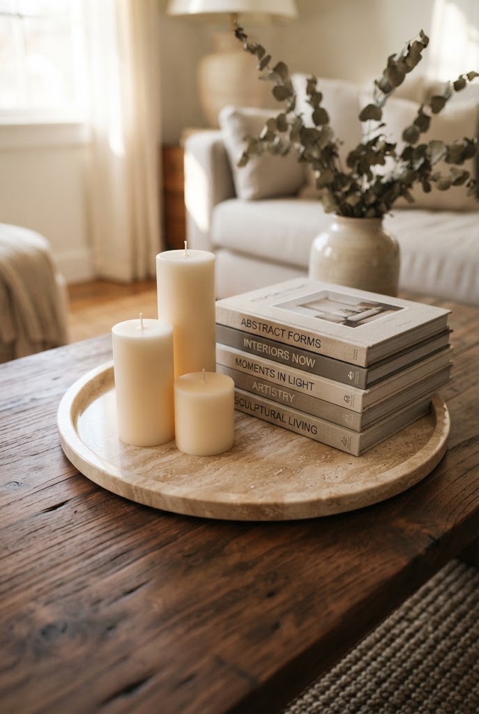10. Group Pillar Candles on Travertine or Marble Trays