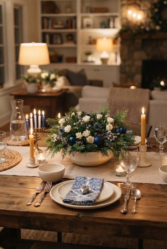 15. DIY Hanukkah Table Centerpiece with Greenery