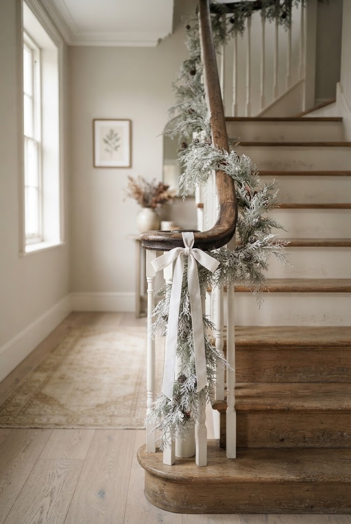 3. Frosted Cypress Garland Draped Along the Staircase