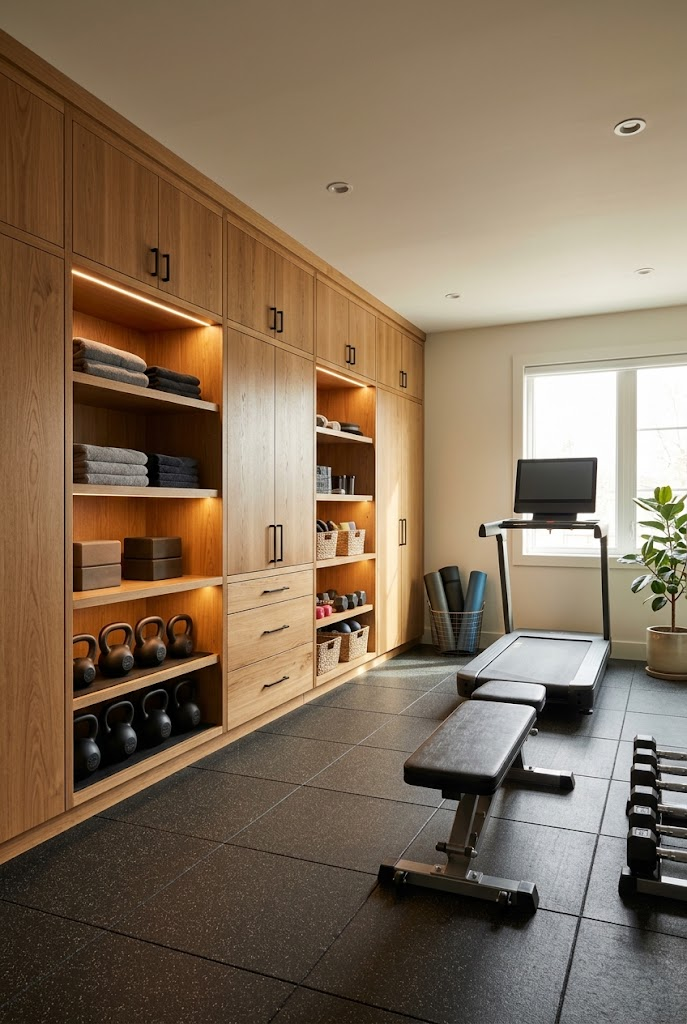 Home Gym With Built-In Cabinets