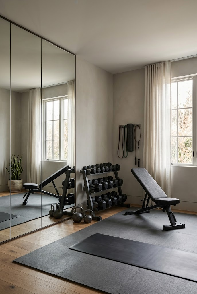 Home Gym With a Statement Mirror Wall
