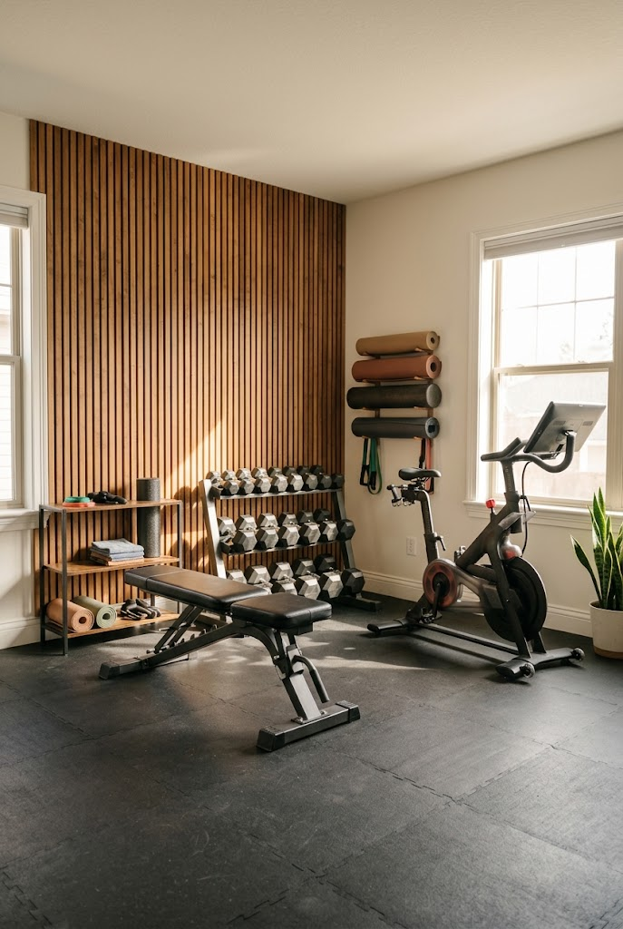 Home Gym With a Wood Accent Wall