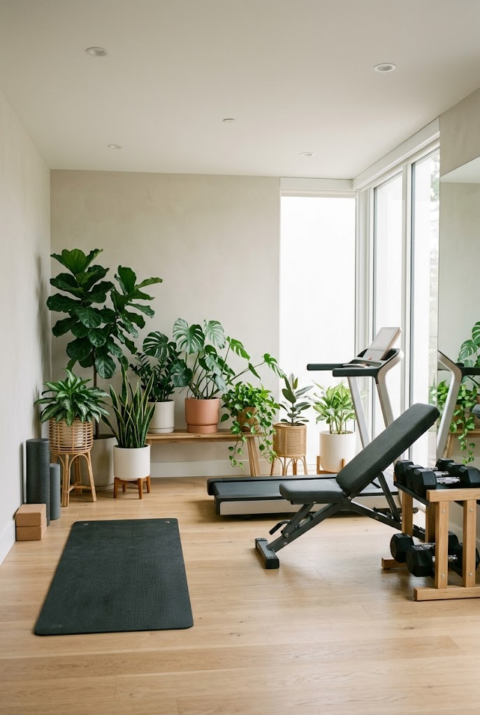 Home Gym With an Indoor Plant Wall